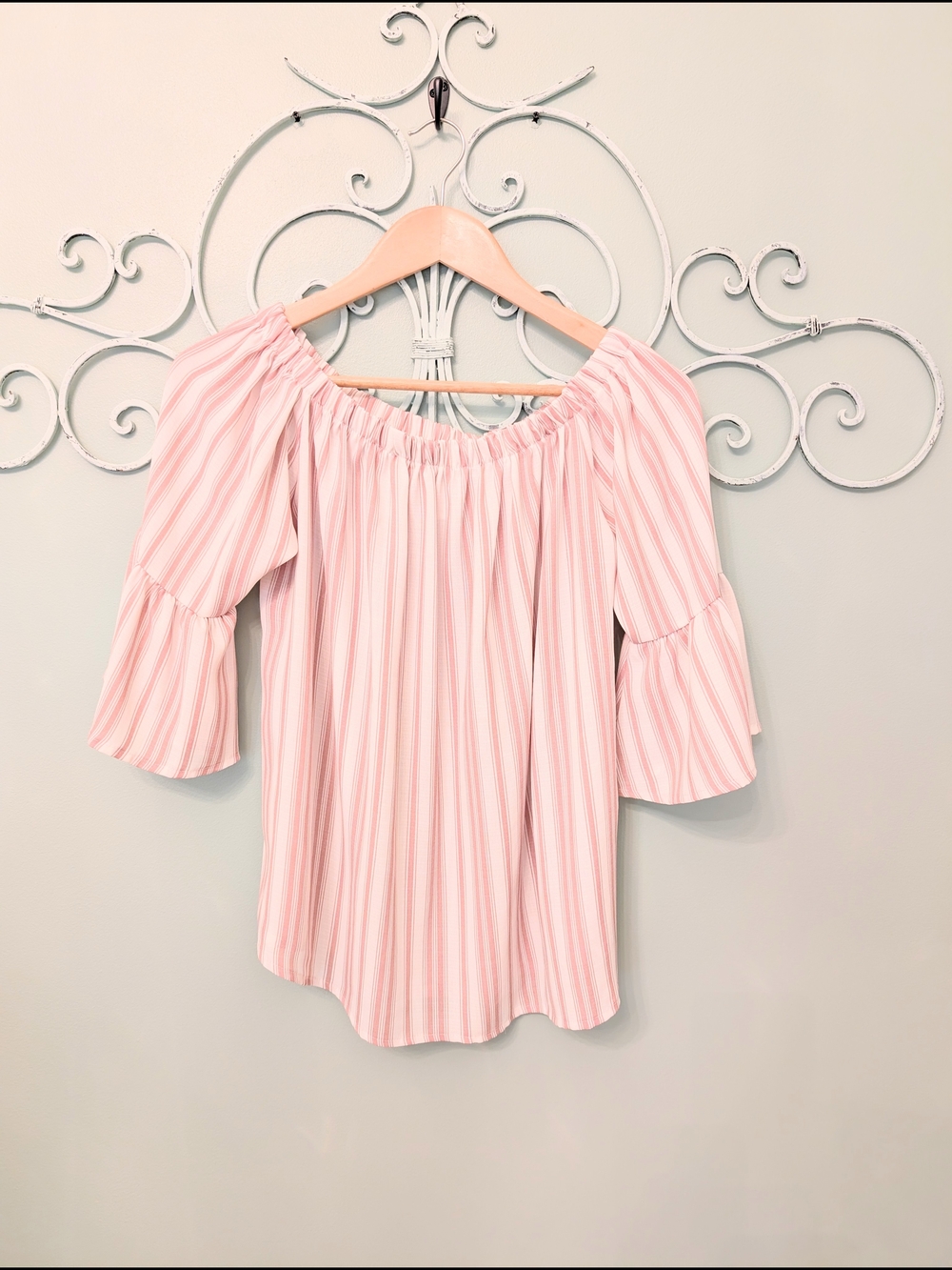 Peppermint  Off-Shoulder Mauve/ White  Striped  Pullover Top